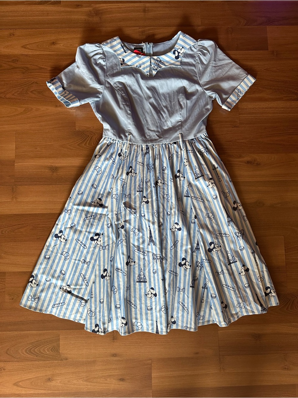 Disney Light Blue & White Striped Midi Dress with Mickey in Paris Print